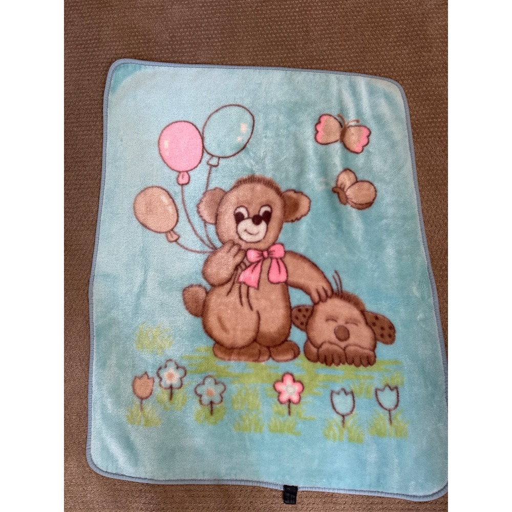Vintage Sunshine Baby Blanket Teddy Bear Puppy Balloons Blue Plush Fleece 33x45